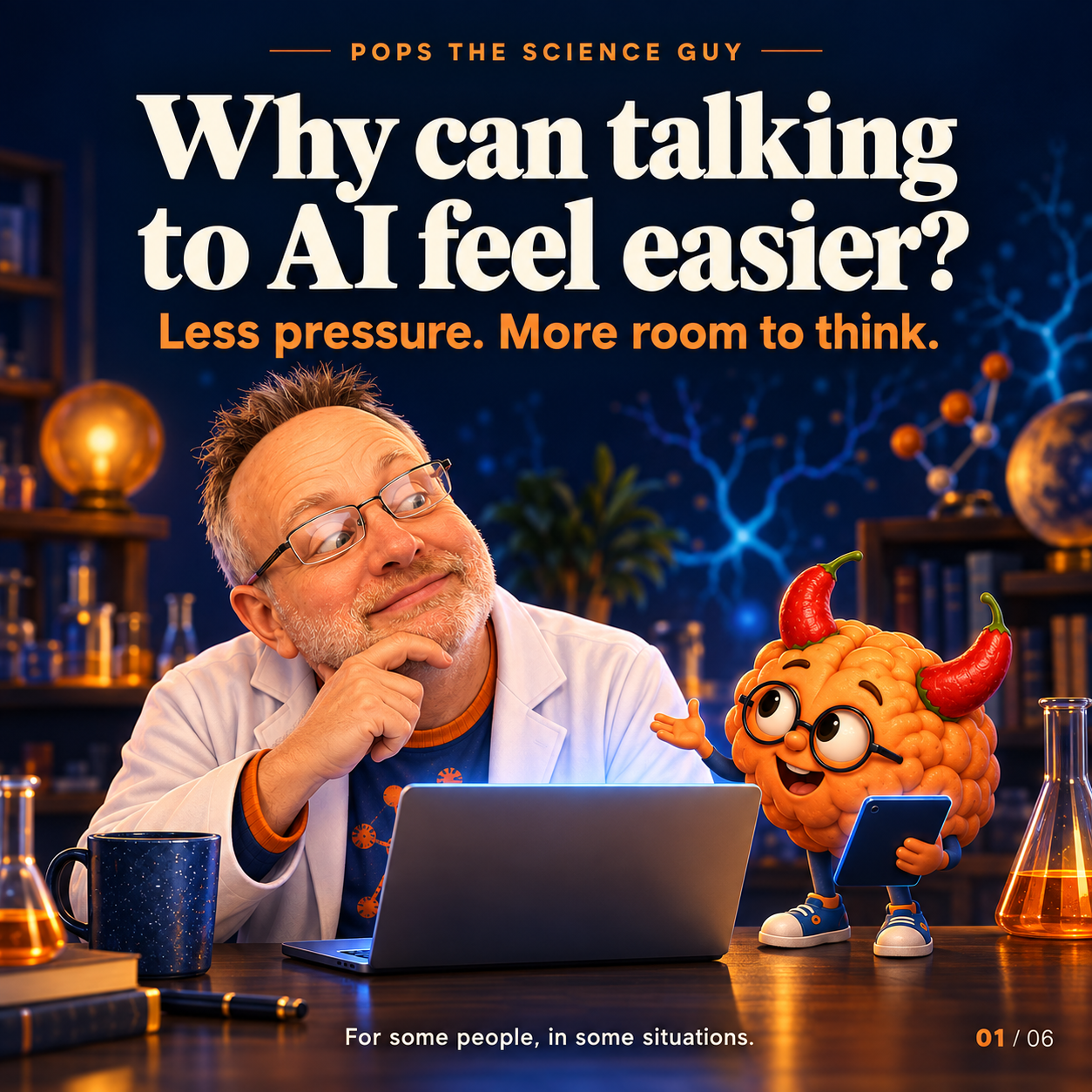 Pops the Science Guy asks why talking to AI can feel easier, emphasizing less pressure and more room to think.