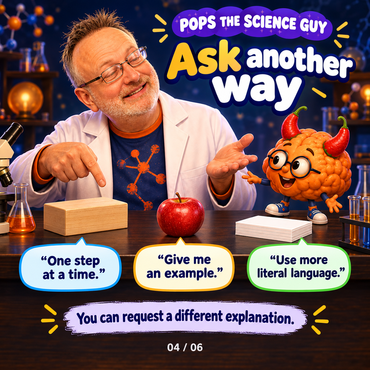 Ask another way. Users can request explanations one step at a time, ask for examples, or request more literal language.