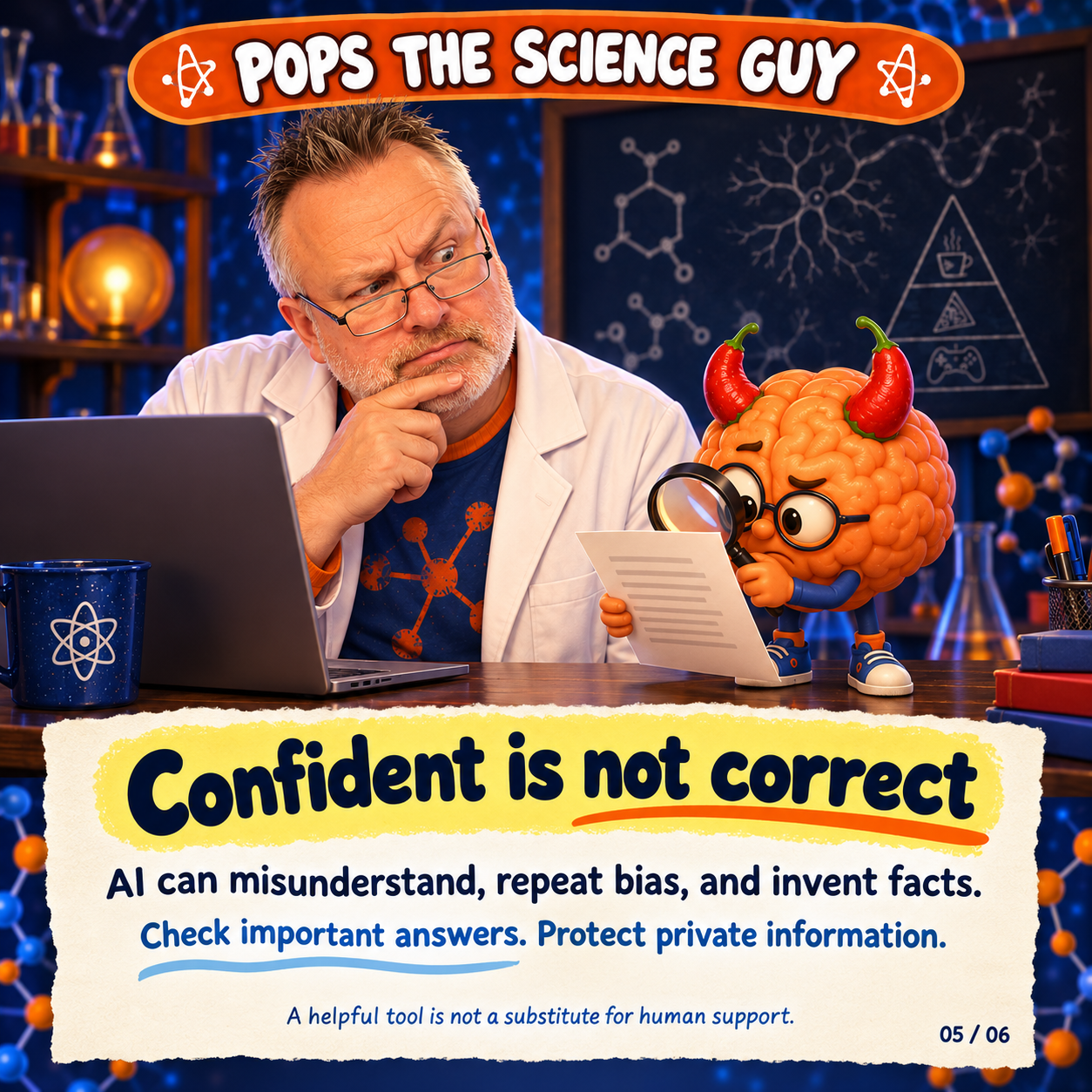 Confident is not correct. AI can misunderstand, repeat bias, and invent facts, so important answers should be checked and private information protected.