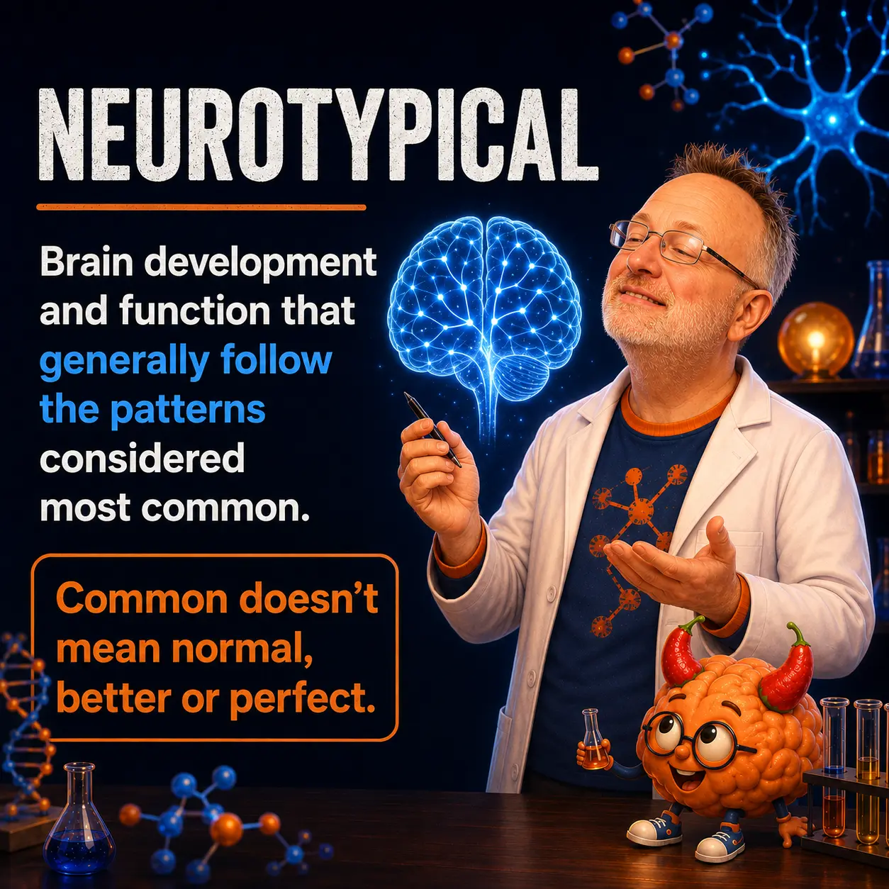 Neurotypical: brain development and function that generally follow the patterns considered most common. Common does not mean normal, better, or perfect.