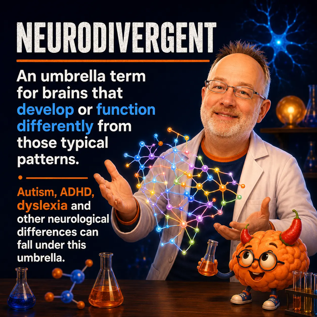 Neurodivergent: an umbrella term for brains that develop or function differently from typical patterns. Autism, ADHD, dyslexia, and other neurological differences can fall under this umbrella.