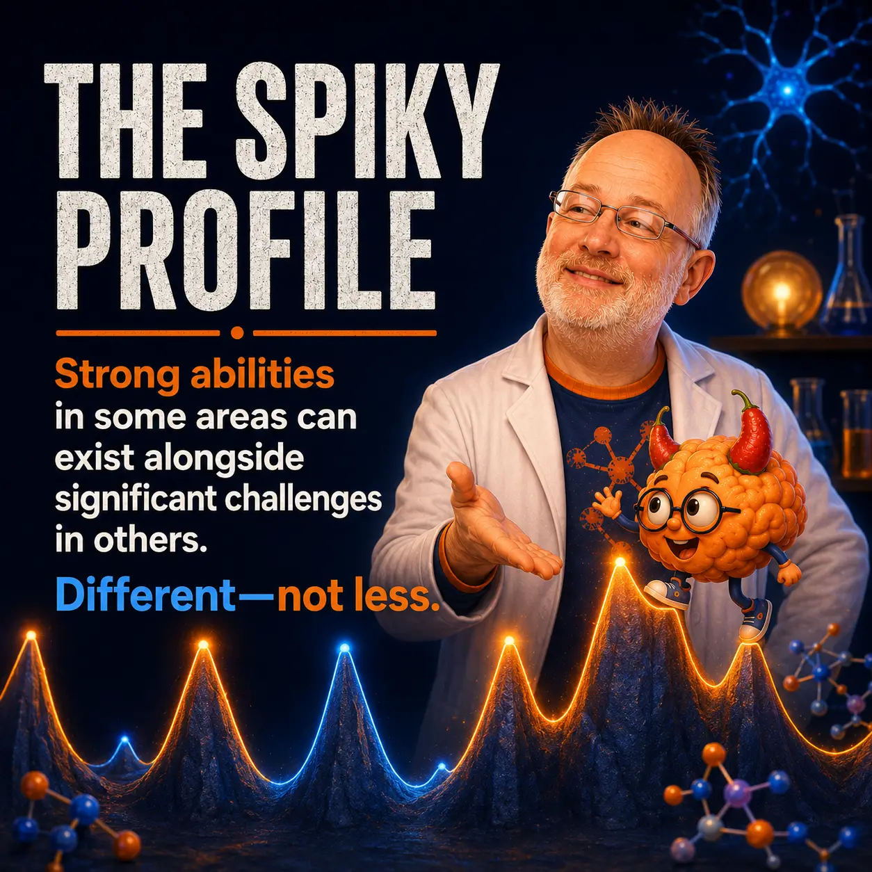 The spiky profile: strong abilities in some areas can coexist alongside significant challenges in others. Different—not less.