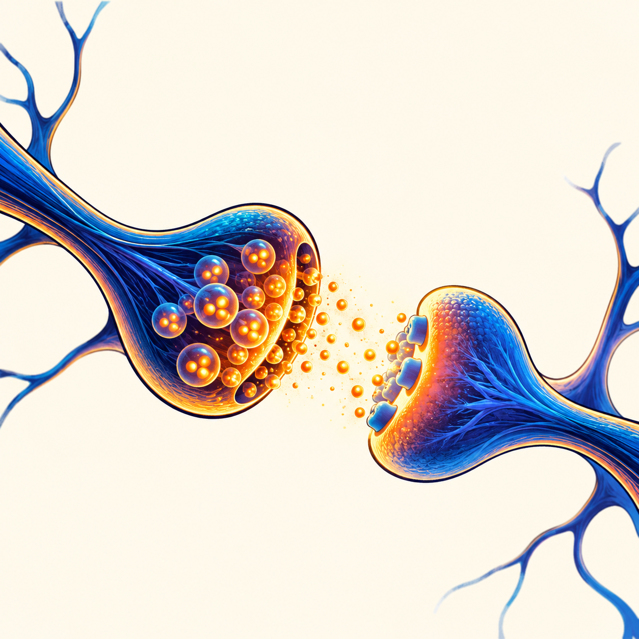 Colorful artist's illustration of two neuron ends facing each other across a gap, with orange dots between them.
